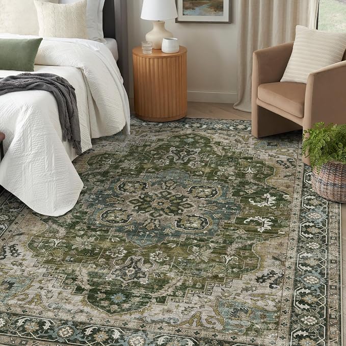 LUXRUG 6x9 Area Rug for Living Room - Large Oriental Washable Rugs for Bedroom Non-Slip Moss Green Boho Medallion Dining Room Rug Farmhouse Low-Pile Carpet Soft Vinatge Rug for Office Guest Room