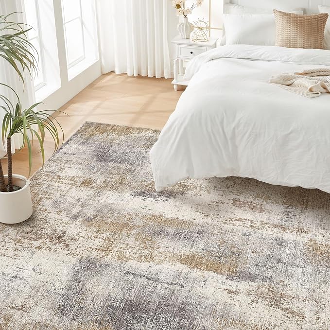 DMOYEST Area Rug Living Room Rugs - 8x10 Washable Large Soft Indoor Neutral Modern Abstract Low Pile Rug Carpet for Bedroom Dining Room Farmhouse Home Office - Brown Grey