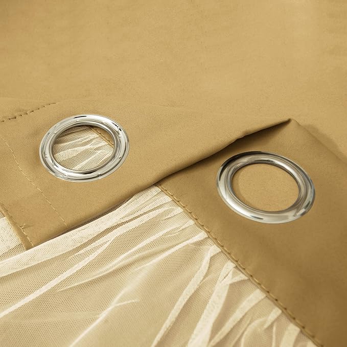 INLINAS Gold Blackout Curtains with Sheer Overlay - Grommet Top Thermal and Noise Reduction Panels for Bedroom and Living Room Light Blocking and Energy Saving, 37 x 63 Inches, Set of 2