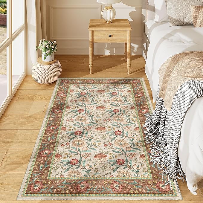 DUKINO 3x5 Rug, Washable Vintage Floral Bedroom Area Rug Non Slip, Brown | Low Pile, Non-Shedding, Stain Resistant Boho Lightweight Soft Indoor Carpet for Bathroom Office Dining Living Room Farmhouse