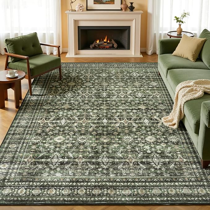 5x7 Washable Rugs, Area Rugs for Living Room, Bedroom, Kitchen, Vintage Boho Carpets, Soft Non-Slip Low Pile Large Area Rug for Dining Room Home Office Indoor Nursery, Olive Green