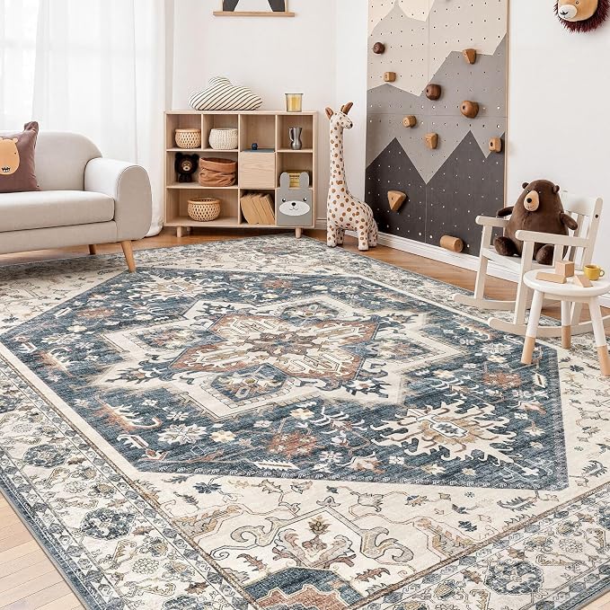 8x10 Area Rugs for Living Room - Large Carpet Ultra Thin Soft Washable Oriental Vintage Floral Distressed Rug Big Indoor Carpets for Bedroom Nursery Dorm Home Decor Aesthetic - Vintage Blue