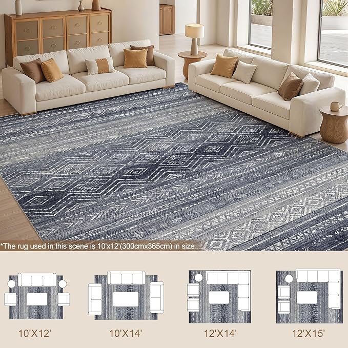 Tortania Area Rug Living Room Rugs- 10x12 Washable Large Soft Neutral Boho Moroccan Bohemian Farmhouse Rug Indoor Floor Carpet for Bedroom Under Dining Table Home Office Decor - Blue Gray