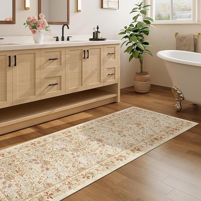 DUKINO 2x10 Runner Rug, Washable Vintage Floral Kitchen Rug, Beige | Non Slip, Low Pile, Non-Shedding, Stain Resistant Soft Long Runner Carpet for Hallway, Bathroom, Bedroom, Entryway, Farmhouse