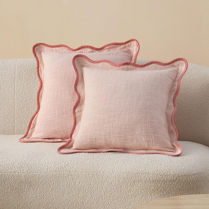 Double Stitch Scalloped Throw Pillow Covers - 100% Cotton Set of 2 Decorative Boho Pillow Covers 20 x 20, Made in India, Square Cushion Case, Modern Home Decor for Couch Sofa Living Room, Shell Pink