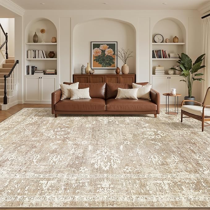 Madane 8x10 Area Rugs for Living Room, Machine Washable Vintage Neutral Rug with Non-Slip Backing, Soft Large Throw Rug, Thin Carpet for Bedroom Dining Room Farmhouse (8 x 10, Beige/Brown)