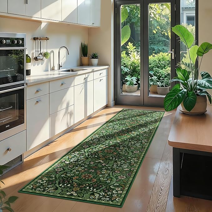 2x8 Washable Runner Rug,Dark Green Floral Boho Area Rug for Hallway,Low-Pile Non-Slip Stain Resistant Carpet for Kitchen, Bedside,Laundry Room,Entryway