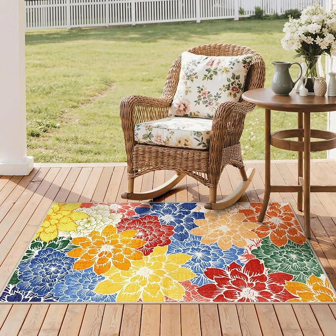 GENIMO Indoor Outdoor Area Rug for Entryway, 2'x3' Entry Rugs Door Mat, Machine Washable, Waterproof, Non-Slip, Easy Cleaning, Floral Outdoor Carpet for Patio Balcony Bedroom Kitchen, Colorful