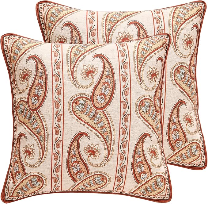ISAENNE Vintage Linen Throw Pillow Cover,Set of 2,18"x18"-Chauffrey B | Designer Elegant Square Pillow Cover,Concealed Zipper Design,Cashew Pattern,Sofa,Bedroom,Living Room,Lounge Chairs