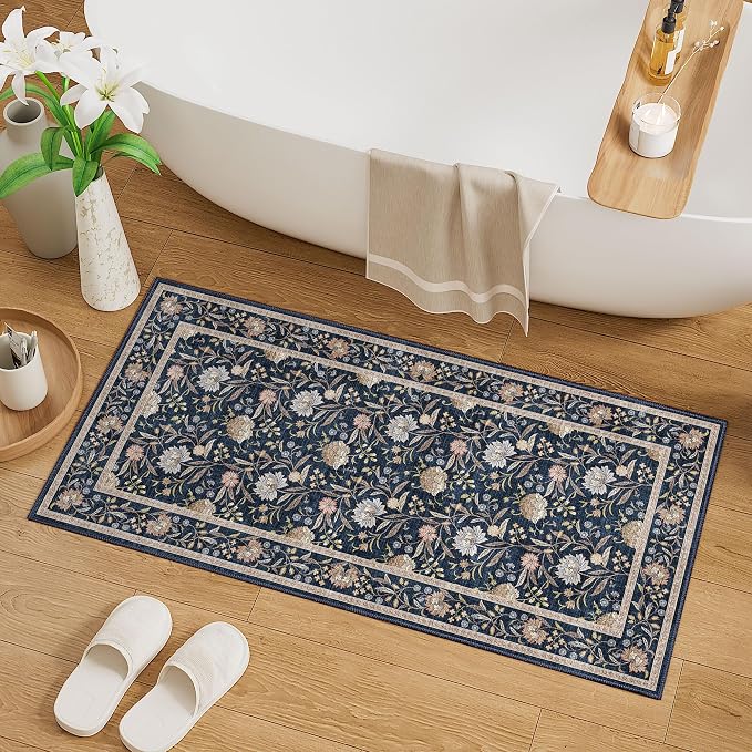 DUKINO 2x4 Rug, Washable Vintage Floral Entryway Rug Non Slip, Navy Blue | Low Pile, Non-Shedding, Stain Resistant Boho Lightweight Soft Indoor Carpet for Kitchen Bathroom Hallway Laundry Farmhouse