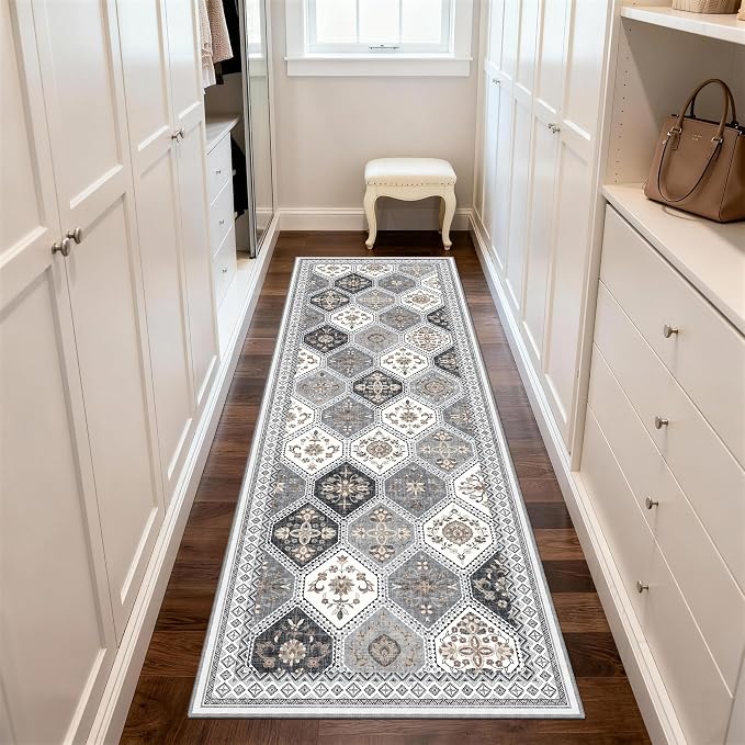 2x6 Runner Rug, Soft Non-Slip Boho Moroccan Rug, Gray/Gold | Low-Pile Printed Indoor Runners for Entryway, Hallways, Kitchen, Laundry Room, Bedside