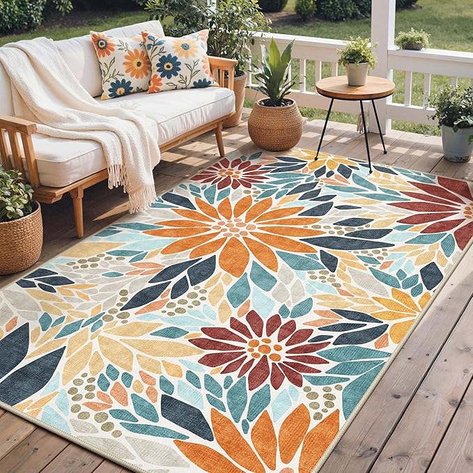 GENIMO 5x8 Outdoor Rug, Washable for Patio and Deck, Rust Blue | Floral design for porch; fade resistant chenille with quick-dry non-slip backing for indoor sunroom