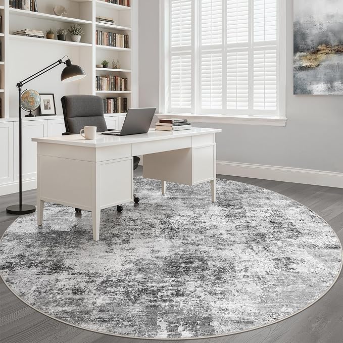 8ft Round Rug Living Room: 8x8 Washable Large Neutral Circle Area Rug Abstract Soft Modern Stain Resistant Indoor Floor Non-Slip Carpet for Bedroom Nursery Kids Office Playroom Dining Room- Black Gray