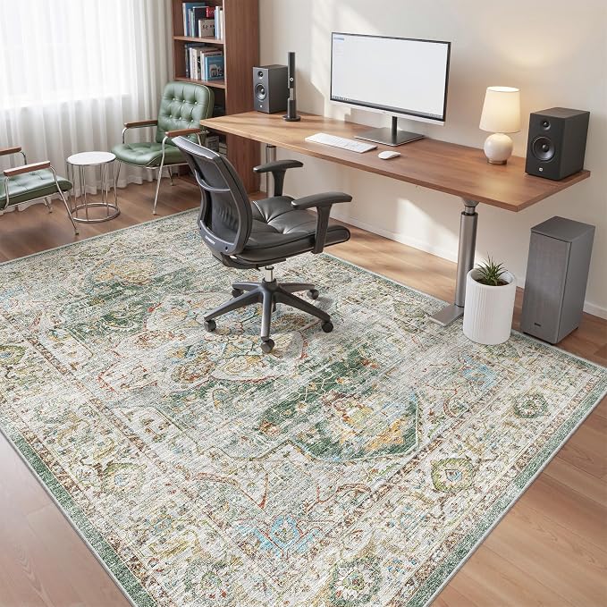 befbee 5x7 Area Rugs for Living Room,Stain Resistant Washable Rug,Non-Slip Backing Rugs for Bedroom,Kitchen,Printed Vintage Home Decor Rug (Green, 5'x7')
