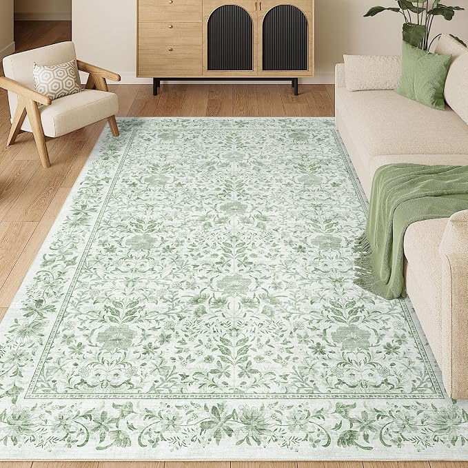 DUKINO 6x9 Area Rug Vintage Floral Washable Rugs for Living Room Sage Green | Non Slip, Low Pile, Non-Shedding, Soft Indoor Large Carpet for Bedroom, Office, Dining Room, Farmhouse, Nursery, Home Decor
