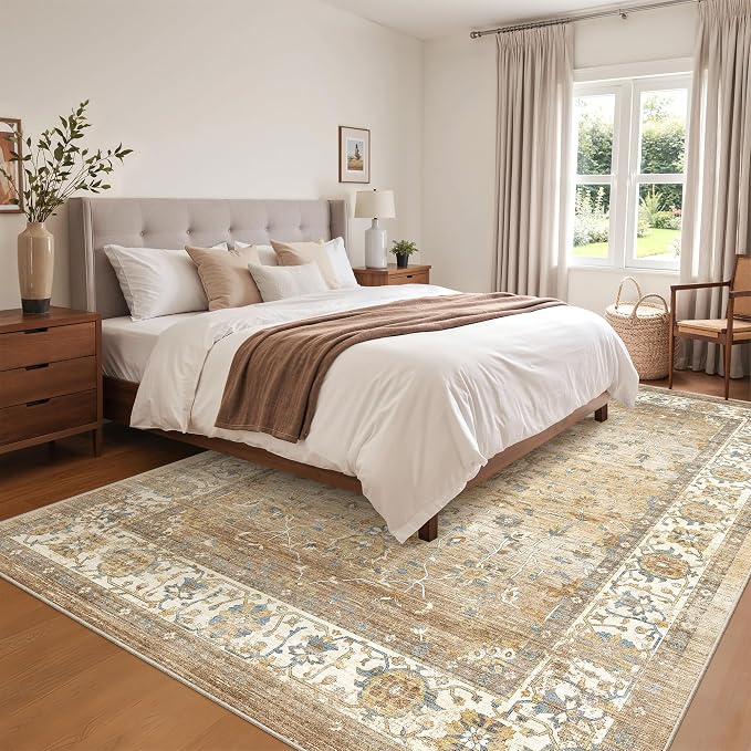befbee 6x9 Area Rugs for Living Room - Stain Resistant Machine Washable Rugs for Bedroom,Non-Slip Backing Large Area Rug (Apricot/Blue, 6'x9')