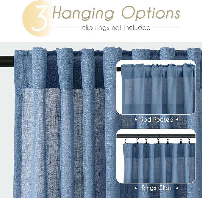 Denim Blue Curtains for Living Room Back Tab Modern Farmhouse Semi Sheer Blue Curtains 63 inches Long 2 Panels Set Muted Neutral Window Curtain for Dining Room Bedroom 52x63