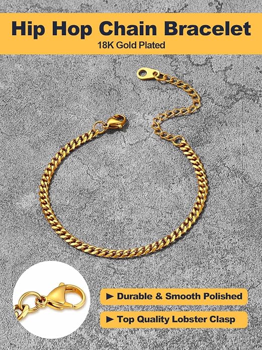 U7 Link Bracelets for Men, Cuban Link/Rope/Watch Band Solid Bracelet, Silver Black Gold Color Wrist Bracelet 3/6/9/12/15mm Width, 6.5/7.5/8.3 Inch Length, Hand Chain Jewelry for Mens Women