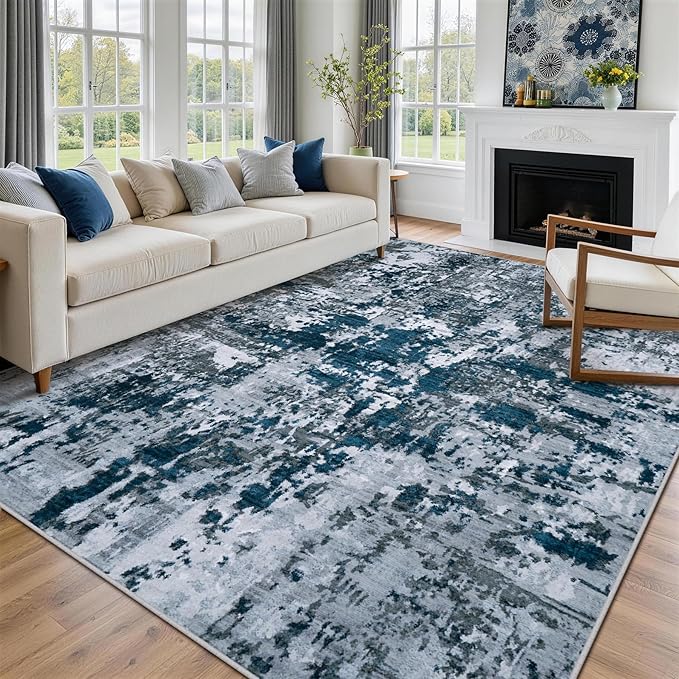 10x14 Area Rugs for Living Room Rug Washable: Abstract Large Rug Indoor Modern Carpet Non Slip for Dining Room Bedroom Nursery Home Office Navy Grey