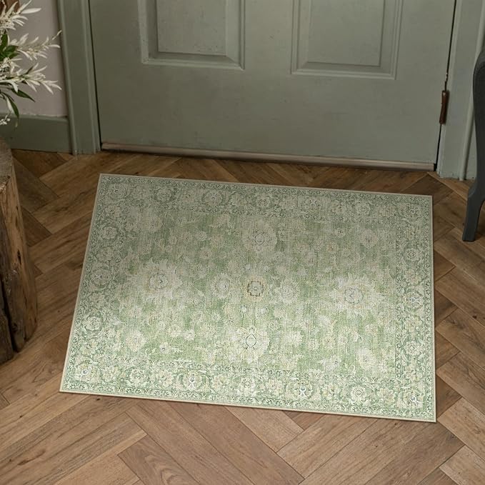 2x3 Green Washable Area Rug for Entryway Neutral Floral Soft Non Slip Small Carpet Low Pile Distressed Door Mat for Entrance Bathroom Bedroom Indoor
