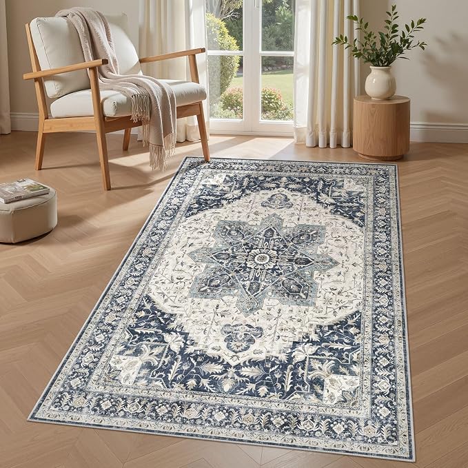 Tortania Area Rug Living Room Rugs - 3x5 Washable Rug Vintage Oriental Distressed Farmhouse Small Thin Indoor Carpet for Living Room Bedroom Under Dining Table Home Office - Indigo