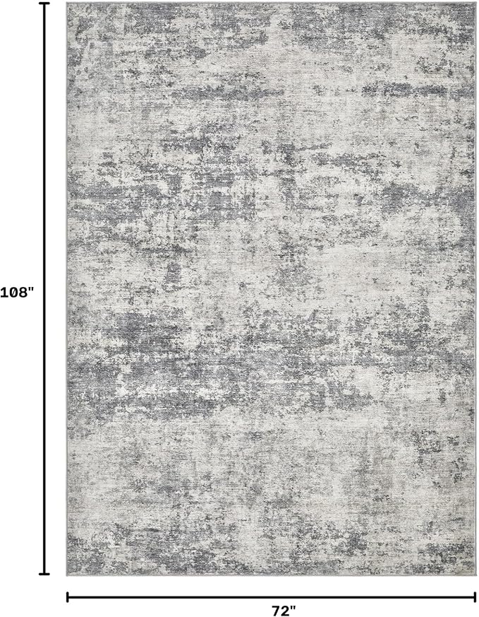 Abstract 6x9 Area Rug: Machine Washable Non Slip Ultra Thin Low-Pile Carpet, Soft Stain Resistant for Living Room Bedroom Nursery, Kid Pet Friendly, Robot Vacuum Compatible - Beige Dark Grey