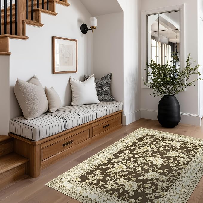 Floral Boho Rug 4x6 Washable Non Slip Area Rug Bohemian Carpet Door Mat Brown Beige Floral Distressed Modern Farmhouse Sketch Style Flower for Bedroom Foldable 4x6 for Entryway Living Room
