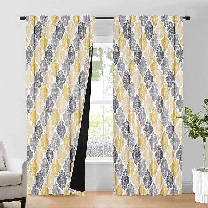 Beauoop Moroccan 100% Blackout Curtains Bedroom Yellow Grey 50x96 2 Panels | Geometric Room Darkening Drapes for Living Room 84 Inch Long Thermal Insulated Soundproof Lattice Window Treatment Rod Pocket