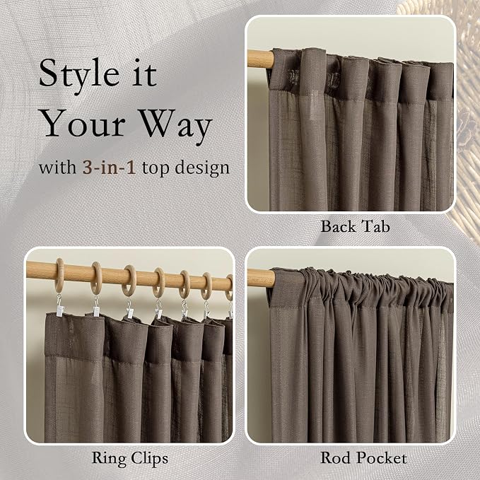 MYSKY HOME Dark Brown Curtains for Beroom Liivng Room 84 Inch Length 2 Panels Set, Semi Sheer Soft Touch Light Filtering Drapes for Sliding Glass Door Farmhouse Boho Curtain, 50" Wide, 2 PCs
