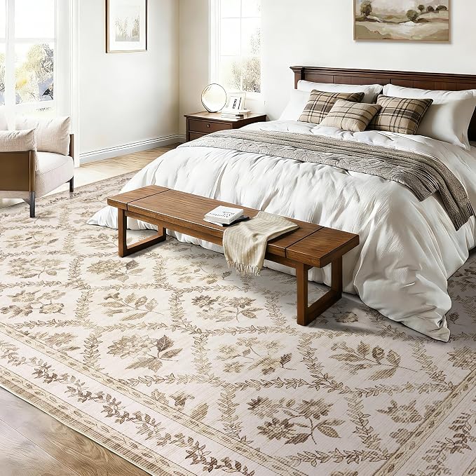 TWODRAPES Tan Floral Living Room Rug 9x12 Area Rug for Bedroom Farmhouse Cottage Floral Extra Large Beige Taupe Distressed Washable Low Pile Non Slip Light Brown Flower for Nursery 9 by 12