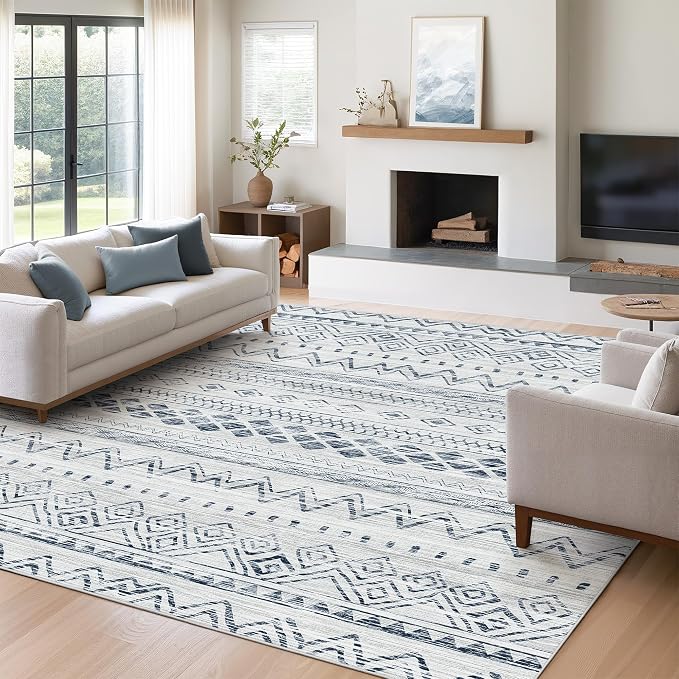 Miukiki 6x9 Area Rug for Living Room Moroccan Washable Rugs Non Slip Indoor Floor Carpet Foldable Large Soft Area Rug for Dining Room Bedroom with Low Pile(Blue,6'x9')