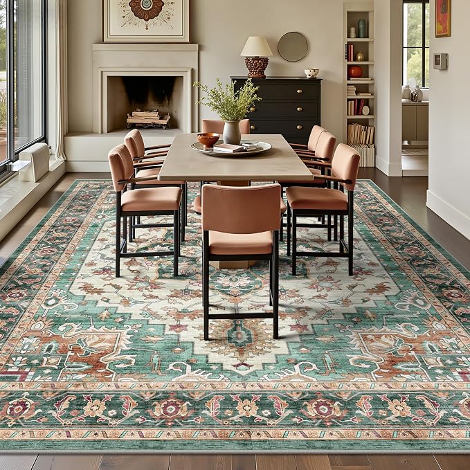 8x10 Area Rugs for Living Room - Washable Rug Vintage Distress Boho Medallion Rugs for Bedroom, Soft Non-Slip Backing Low Pile Carpet for Dining Room Office Nursery Dorm Home, Green Brown