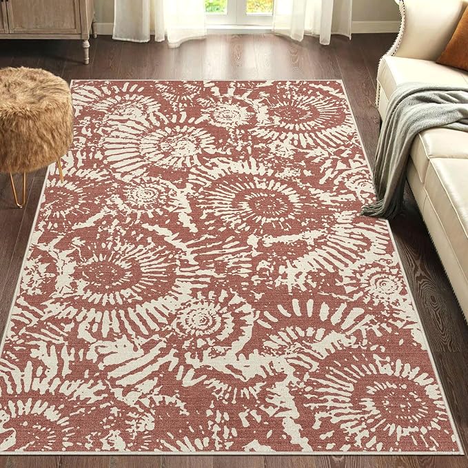 BLISSA Washable 3x5 Entryway Rug - Ultra Thin Terracotta Modern Non-Slip Small Door Mat Indoor Entrance Soft Geometric Boho Neutral Abstract Area Rugs for Bedroom Bathroom Dorm Kitchen Mudroom Foyer
