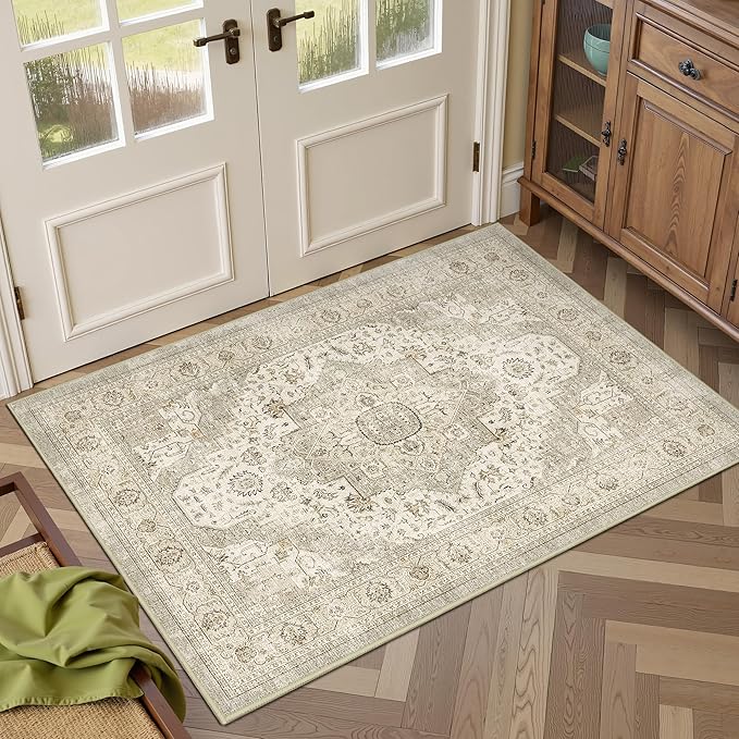 Roxstand 2x3 Washable Entryway Area Rug, Ivory/Beige | Low-Pile Carpet, Non-slip Backing, Stain Resistant, Rug for Kitchen, Laundry Room, Entryway, Vintage Design