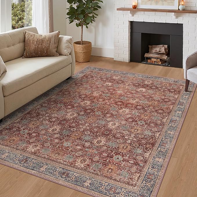BESBLEE 10X14 Area Rugs Machine Washable Rugs for Living Room, Vintage Boho Large Rugs for Bedroom Dining Room, Non Slip Indoor Soft Distressed Lightweight Thin Low Pile Carpet, Red Brown