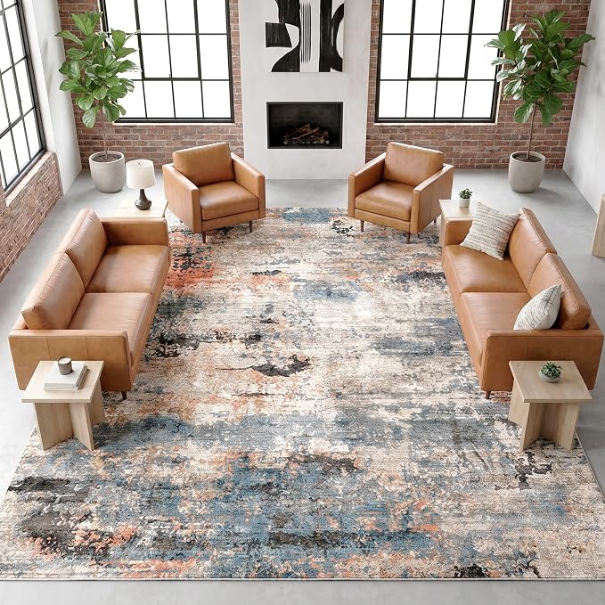 9'x12' Extra Large Transitional Abstract Area Rug, Pet-Friendly Contemporary Soft Washable Carpet, 0.3" Low Pile Stain Resistant Indoor Rug for Living Room Bedroom, Terracotta Blue