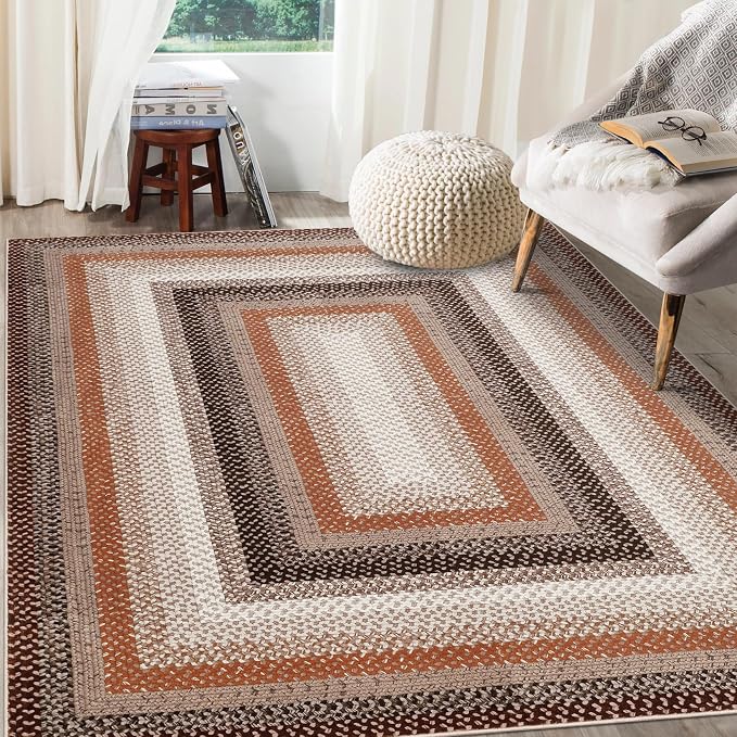 RUGSREAL Machine Washable Area Rug 6x9 Braided Rug for Living Room Modern Braid Printed Large Bedroom Rug Non Slip Dining Room Throw Rug Farmhouse Accent Carpet for Home Decor, Brown/Rust