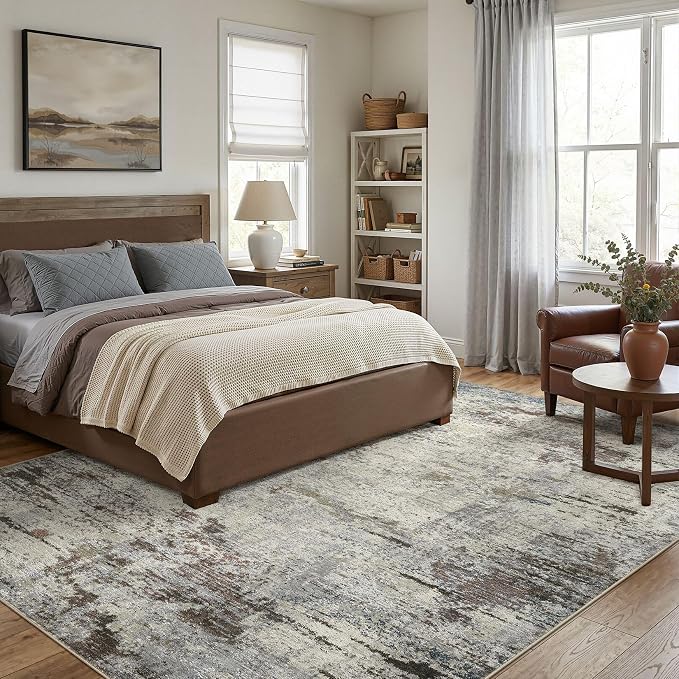 DMOYEST Area Rug Living Room Rugs - 8x10 Washable Large Soft Indoor Neutral Modern Abstract Low Pile Rug Carpet for Bedroom Dining Room Farmhouse Home Office - Brown Rust