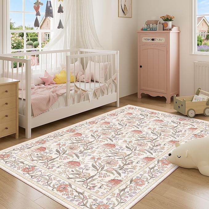 DUKINO 4x6 Area Rug, Washable Vintage Floral Rug for Living Room Beige Pink | Non Slip, Low Pile, Stain Resistant Boho Lightweight Soft Indoor Carpet for Bedroom Office Dining Room Entryway Farmhouse