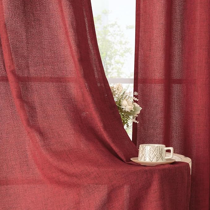 YoungsTex Burgundy Red Linen Curtains 80 Inch Length for Living Room, Light Filtering Window Drapes Semi Sheer with Bronze Grommet Privacy for Bedroom, 52 x 80 Inch, 2 Panels