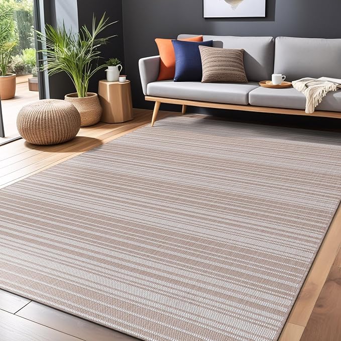 Luul Home Stripe Outdoor Rug 8x10 Washable Outside Carpet for Indoor Patio Porch Waterproof Easy Cleaning Non Shedding Area Rugs Beige 8 x 10