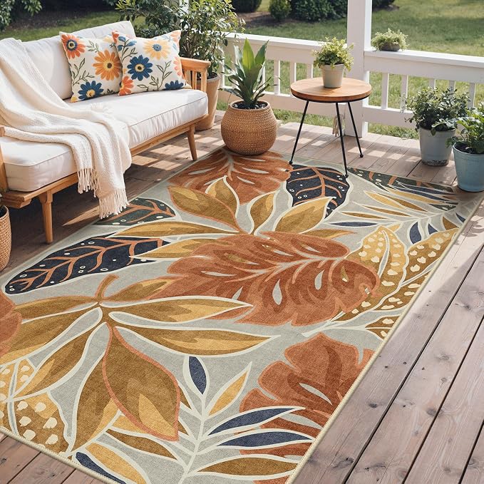 GENIMO 8x10 Outdoor Rug, Washable Quick Dry for Patio, Rust Ochre | Botanical leaf design for backyard; fade resistant chenille with quick-dry non-slip backing for indoor living rooms.