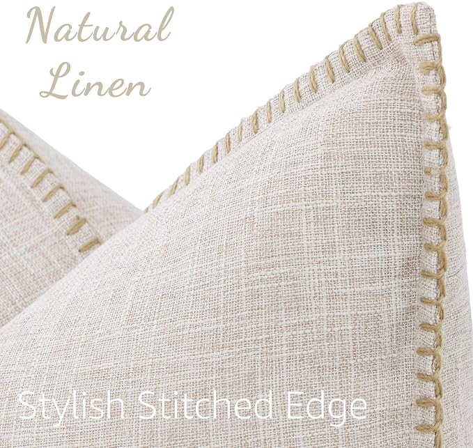 decorUhome Beige Faux Linen Outdoor Throw Pillow Covers 18x18 Set of 2 | Fall Decorative Textured Neutral Modern Farmhouse Pillow Covers with Stitched Edge for Couch Sofa Bed Living Room