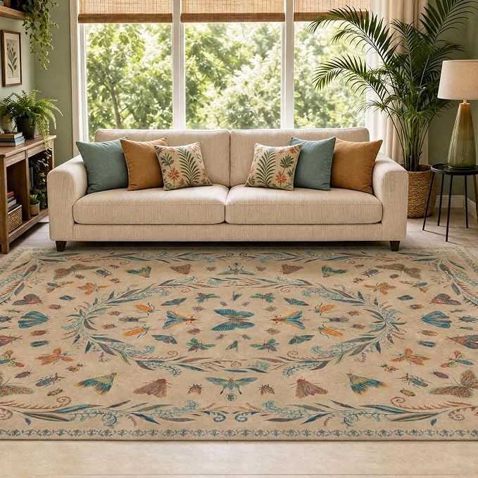 Washable Living Room Area Rug 5x8, Ultra Soft Carpet for Bedroom, Dining Room, Vintage Farmhouse Home Décor, Low Pile Non Slip Stain Resistant Rug (Brown & Blue)