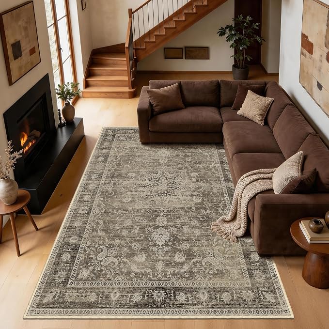 Brown Living Room Rug, Thin Vintage Washable Rug 6x9 for Bedroom | for Dining Room, Low Pile Large Medallion Carpets With Non-Slip Silicone Backing, Non-Shedding Stain Resistant