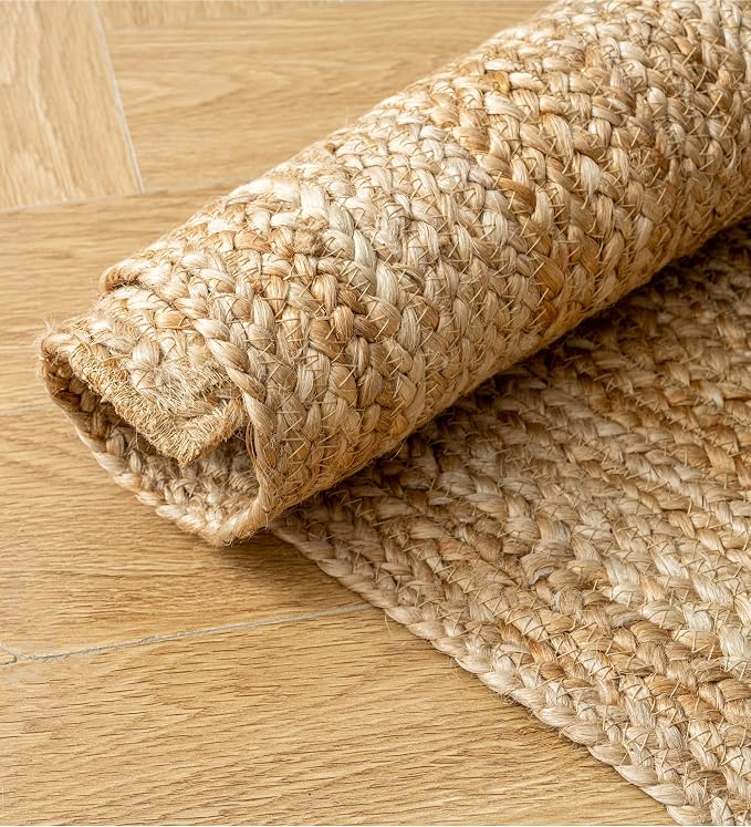 Shatex Round Jute Rug 8 Feet, Chunky Hand Braided Rug Farmhouse Style for Home Decor, Bedroom, Living Room, 100% Natural Jute Fiber, Diameter 96 Inch, Natural