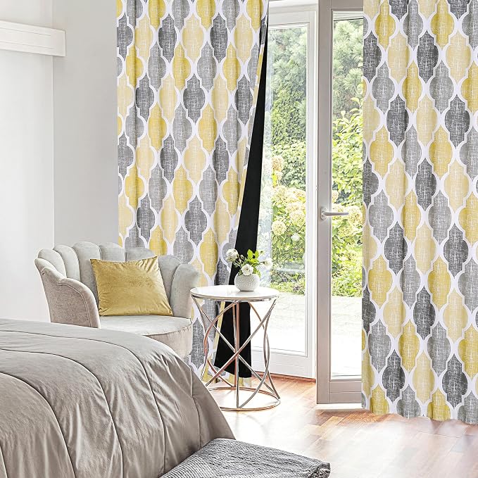 Beauoop Moroccan 100% Blackout Curtains Bedroom Yellow Grey 50x96 2 Panels | Geometric Room Darkening Drapes for Living Room 84 Inch Long Thermal Insulated Soundproof Lattice Window Treatment Rod Pocket