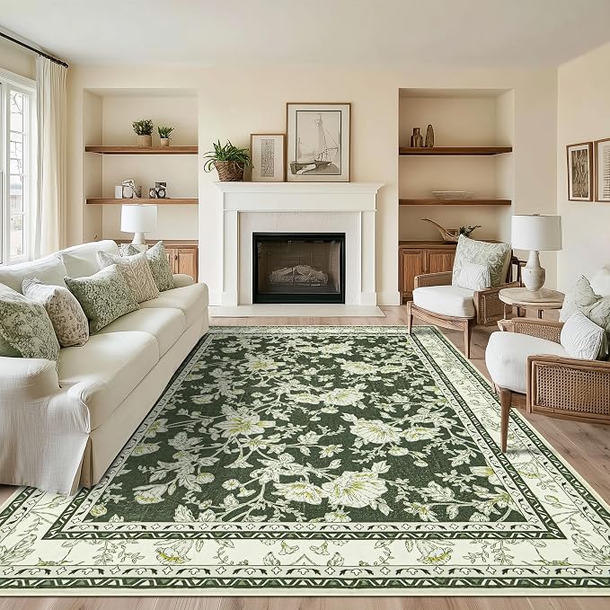 BILEEHOME Floral Area Rug for Bedroom 5x8 Olive Green and Cream Beige Vintage Boho Floral Sketch Style, Washable Low Pile Non Slip Area Rugs for Nursery Living Dining Room, Cozy Aesthetic Home Decor