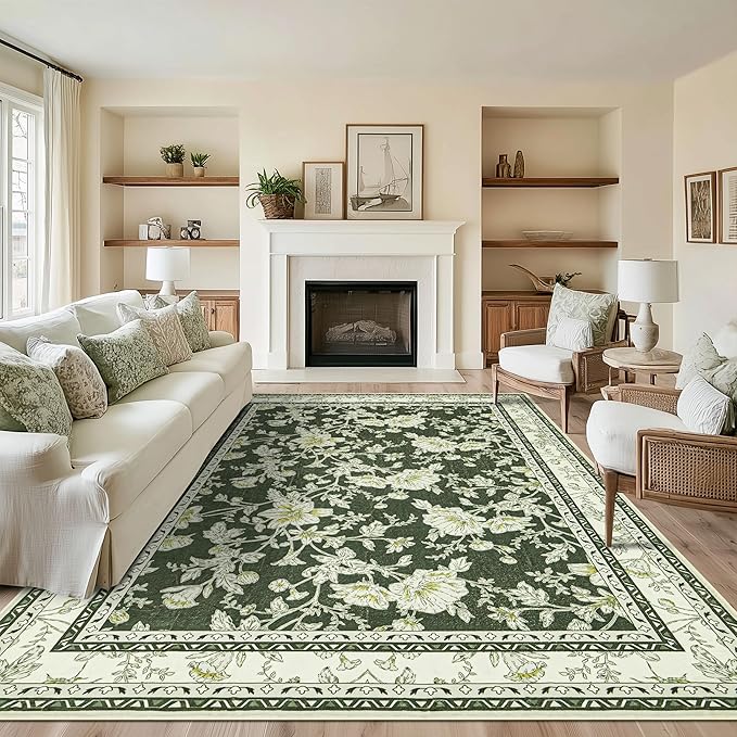 Olive Green Floral 5x7 Area Rug Vintage Boho Washable Printed Rug for Living Room Non-Slip Soft Bedroom Cottagecore Farmhouse Carpet for Dining Room Nursery Dark Green and Cream Beige Sketch Style