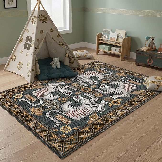 GarveeHome Tiger 5x7 Area Rugs, Boho Blue Washable Rugs for Living Room, Vintage Tribal Soft Animal Print Throw Rug Non Slip Ultra Thin Stain Resistant Floor Carpet for Office Bedroom
